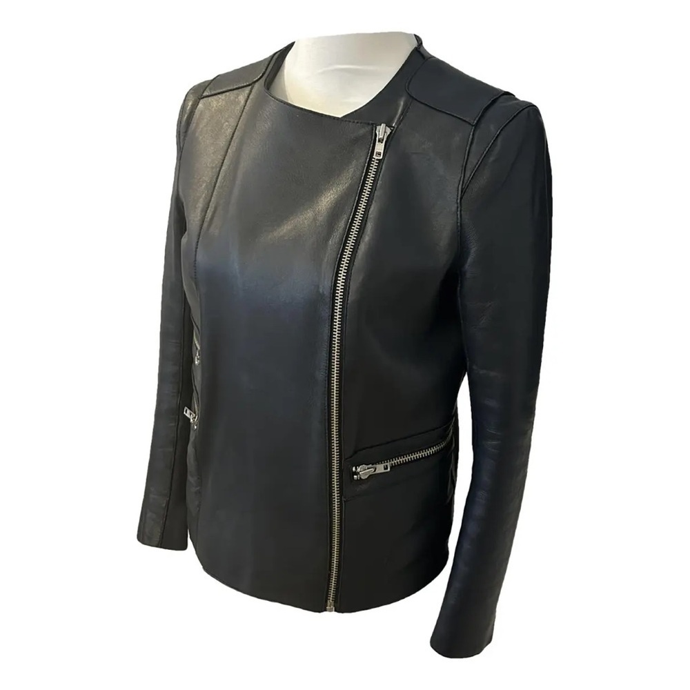 Maje Navy Lamb Leather Collarless Moto Jacket Size 38
